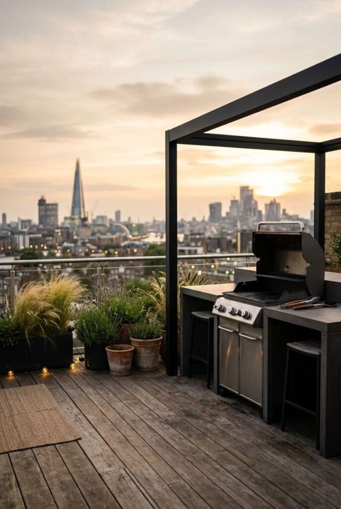 Semi-Outdoor Kitchen Ideas: 30 Covered Designs for Patios, Porches, and Balconies 10 Rooftop terrace cooking bar under a black pergola with city skyline at sunset