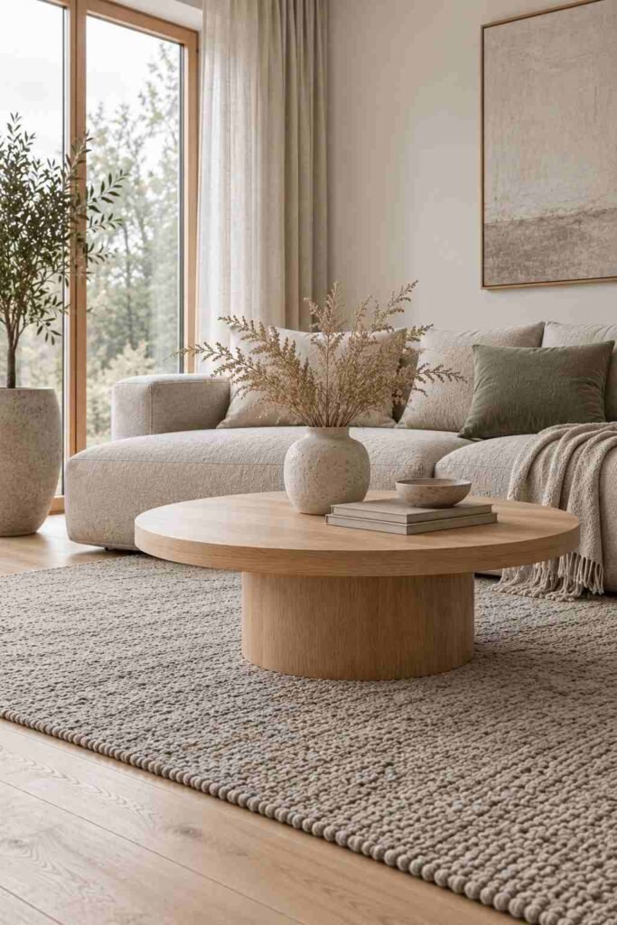 Round wooden coffee table in front of a low sofa in a Nordic living room
