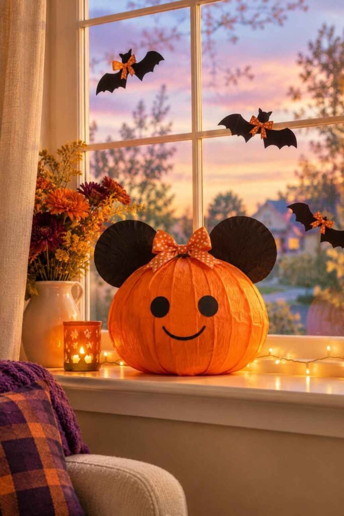 Orange pumpkin with round black ears and bats with polka-dot bows on a window.