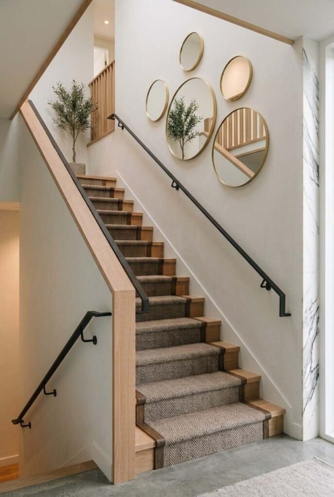 28 Stairs Wall Decor Ideas Modern Luxury Interiors Style Your Staircase Wall 15 Cluster of round brass-rimmed mirrors in varied sizes on a staircase wall