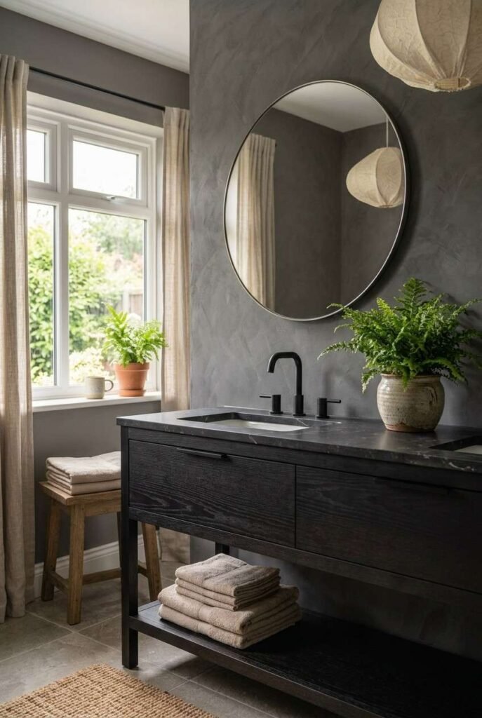 Round mirror and fern above a dark vanity in a moody Nordic bathroom