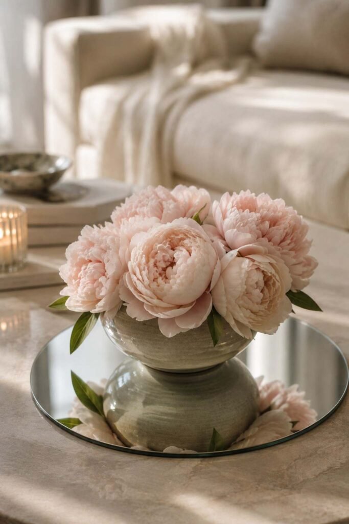 27 Chic Mirror Table Decor with Fresh Flowers Ideas for Home, Weddings, and Parties 6 Blush peonies in a low bowl on a round mirror plate, petals reflected from every angle
