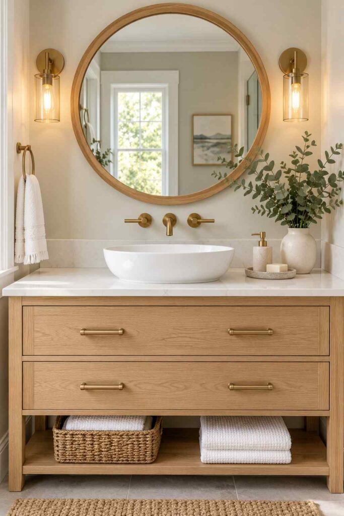 Round bathroom mirror with two wall sconces on either side of a light oak vanity.
