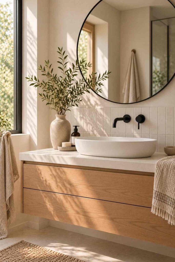 Round thin-frame mirror above a white basin in a Nordic-style bathroom