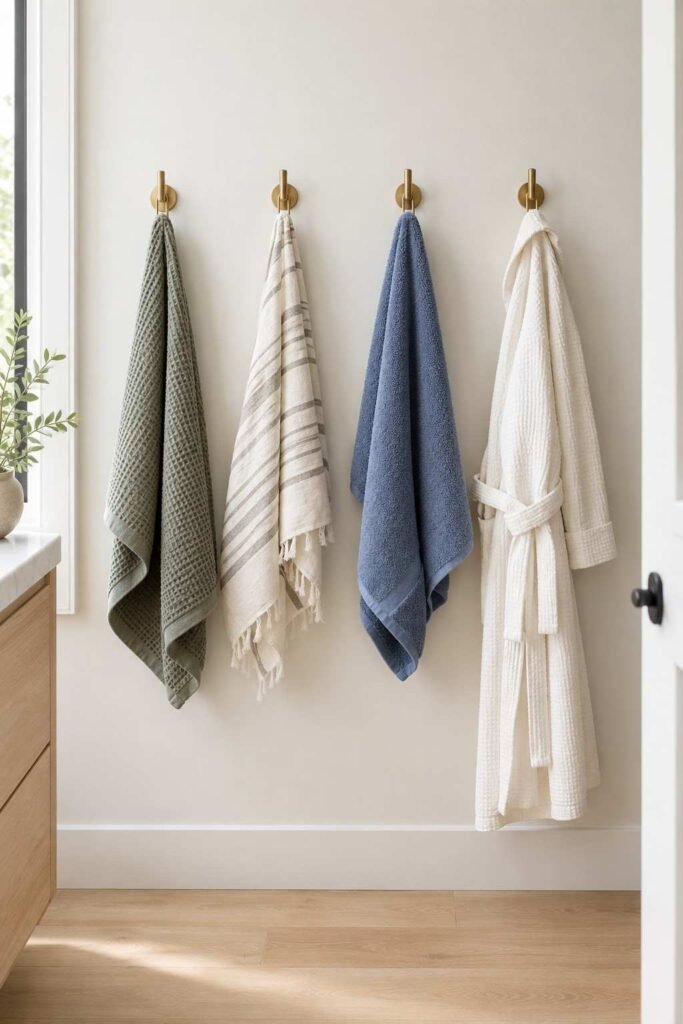 Row of four brass wall hooks holding robes and towels in a bathroom