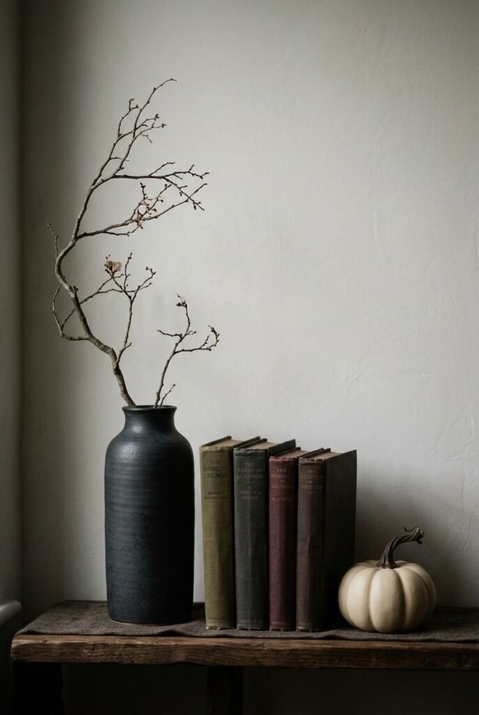 28 Modern Halloween Shelf Styling Ideas That Look Stylish, Not Scary: A Chic, Spooky Home 18 Modern Halloween shelf styling using a tall vase, medium book stack, and low pumpkin for balance.