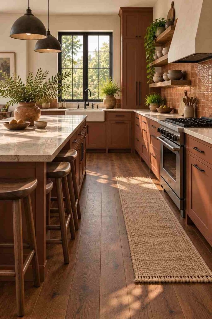 Rust terracotta kitchen cabinets with dark wood floors and black fixtures
