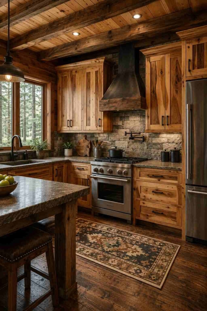 Cabin-style kitchen with rustic hickory cabinets and black pulls