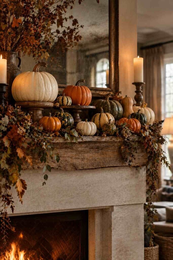 28 Halloween Mantel Decor Ideas: Spooky, Elegant and Family-Friendly Styles 13 Pumpkins and gourds at different heights on a rustic harvest mantel.