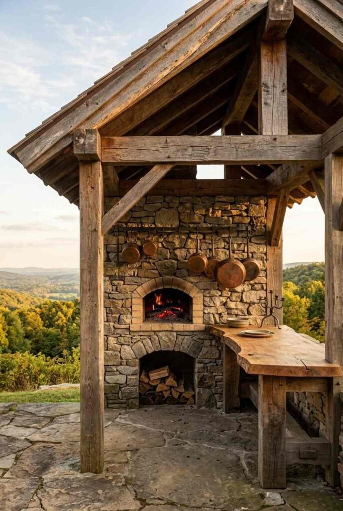 Semi-Outdoor Kitchen Ideas: 30 Covered Designs for Patios, Porches, and Balconies 6 Rustic cedar-beam outdoor kitchen with a stone backsplash and wood-fired oven