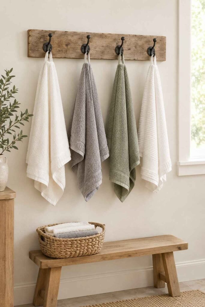 27 Bathroom Storage Ideas For Towels That Fit Into Tiny Powder Rooms to Primary Baths 4 Rustic wood board with four black hooks holding hanging bath towels.