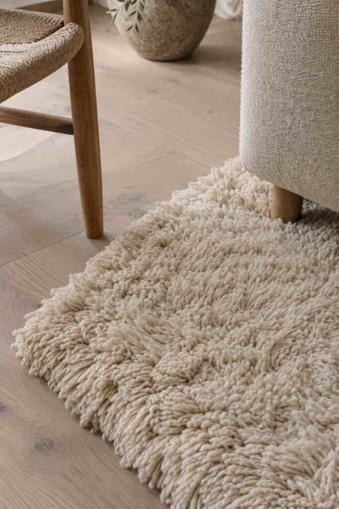 27 Scandinavian Mountain Interior Design Ideas: Ways to Create a Warm Nordic Cabin 9 Cream long-pile rya rug on a wood floor in a Scandinavian mountain home