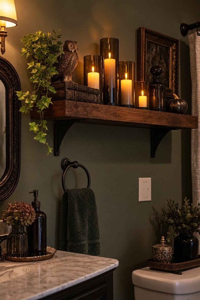 Battery-operated LED candles on a high bathroom shelf away from water and towels for safe Halloween decor