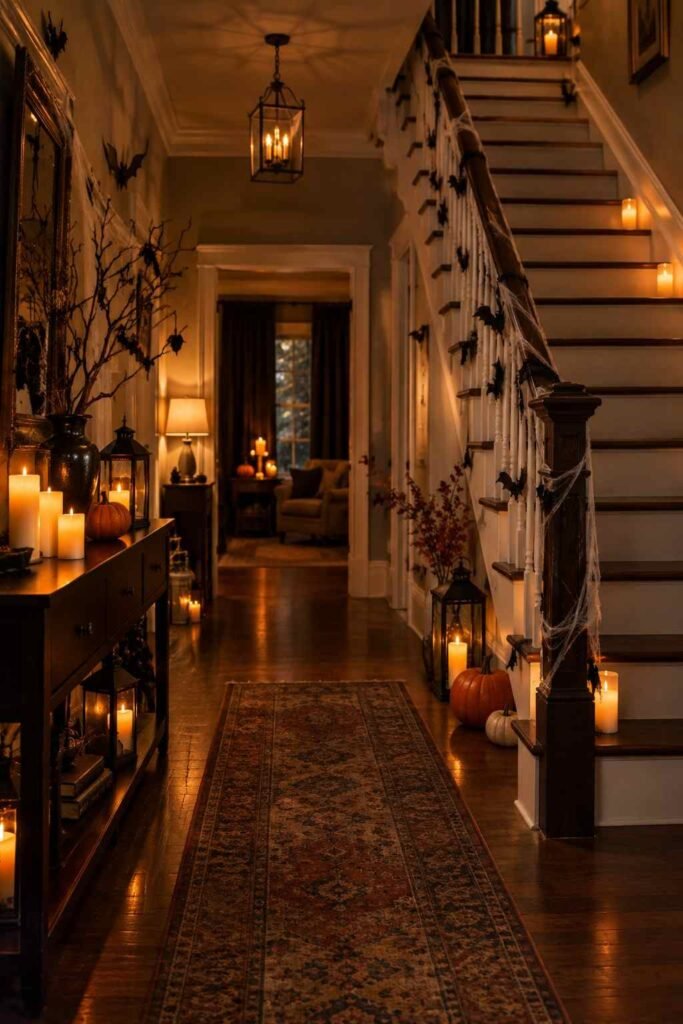 28 Halloween Party Decorations Indoor: Spooky Ideas That Transform Any Room 20 Clear walkway with flameless candles and taped-down cords for a safe indoor Halloween party setup