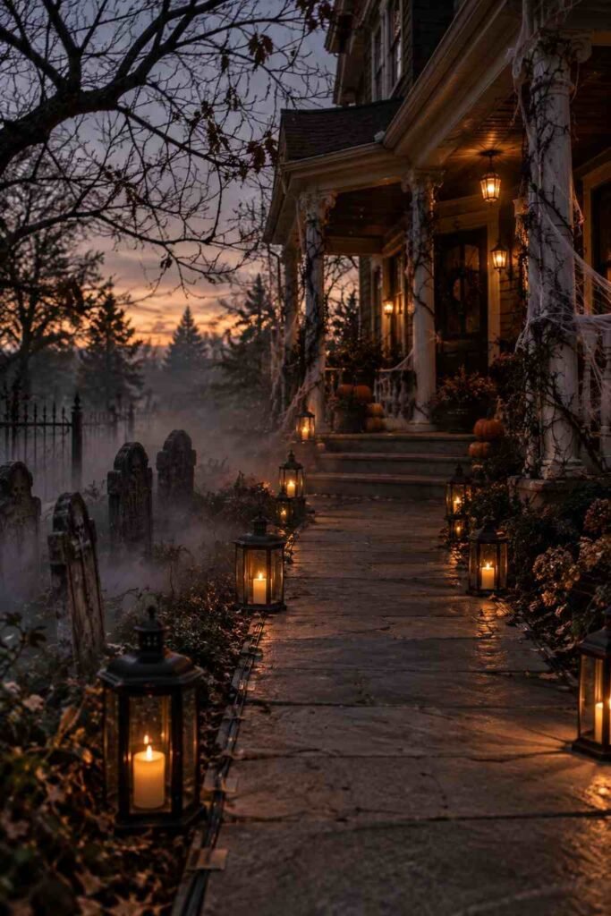 Safe scary Halloween porch with LED lanterns, taped cords, and a clear walkway at dusk.