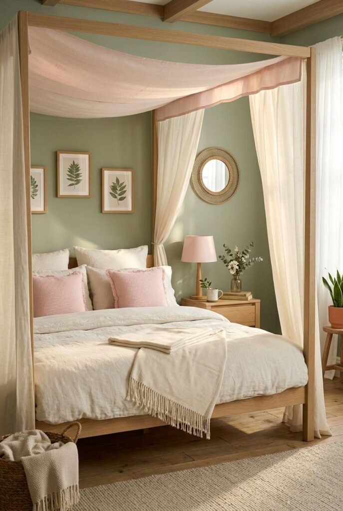 Sage green bedroom with blush canopy lining and pillows.