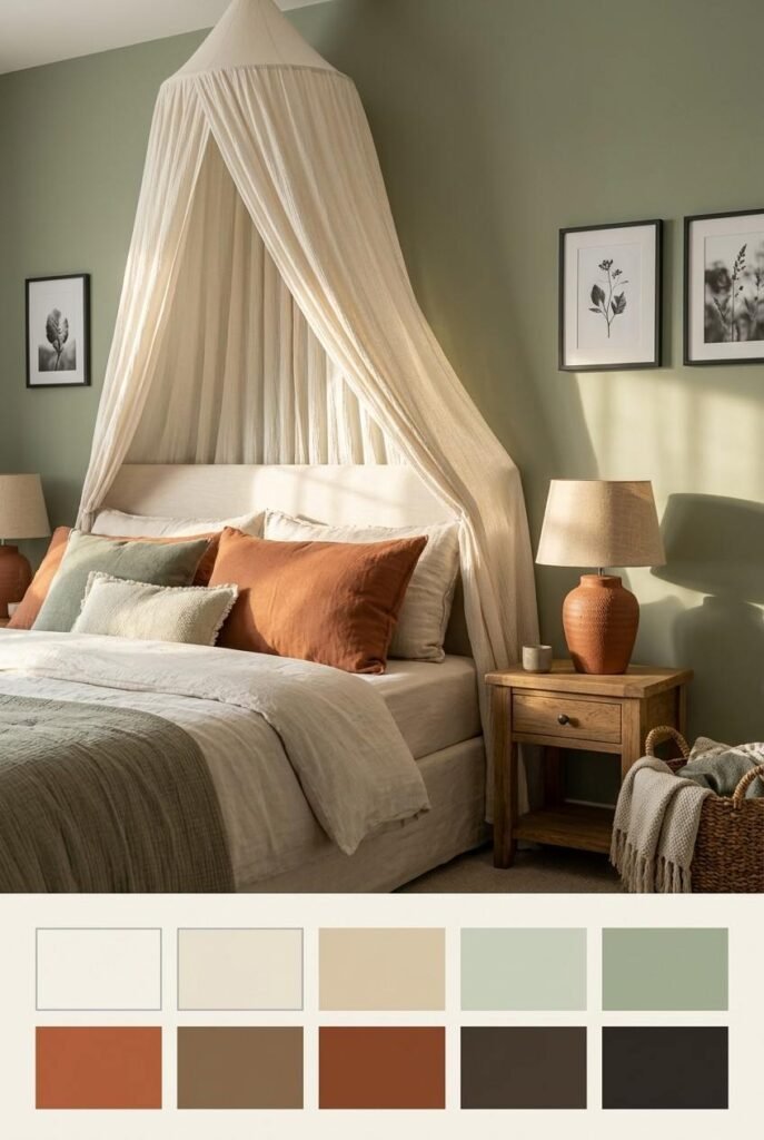 Dusty sage canopy bedroom with terracotta accents and a color palette strip below.