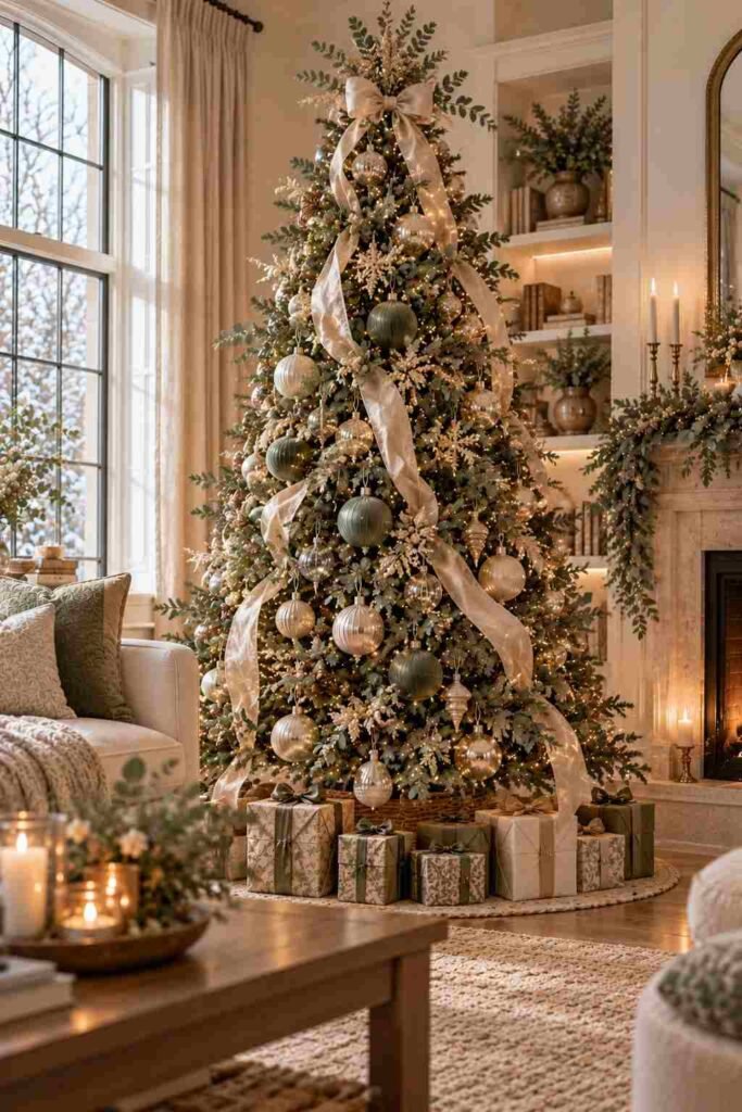 Sage green and cream Christmas tree with dried eucalyptus.