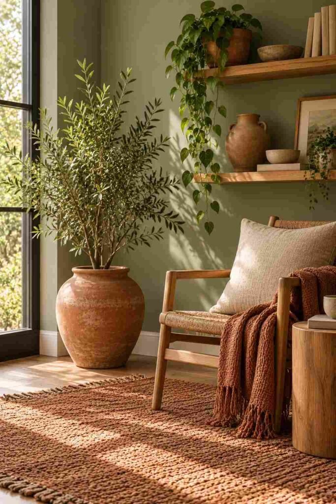 Sage green wall styled with terracotta pots, a rust rug, and linen pillows