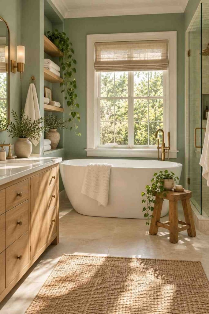 Bathroom with sage green walls, white tub, and brass fixtures