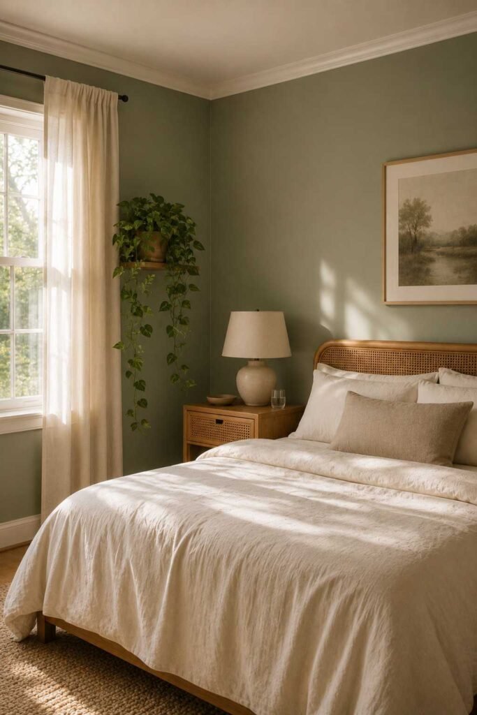 Sage green bedroom with cream bedding and houseplants