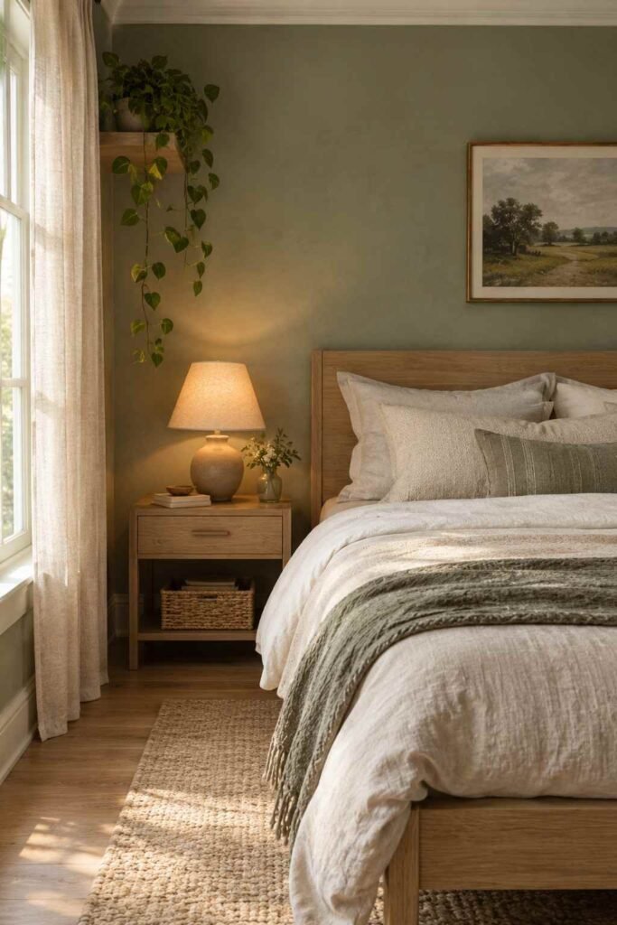 Sage green bedroom wall with oatmeal bedding and light oak furniture.