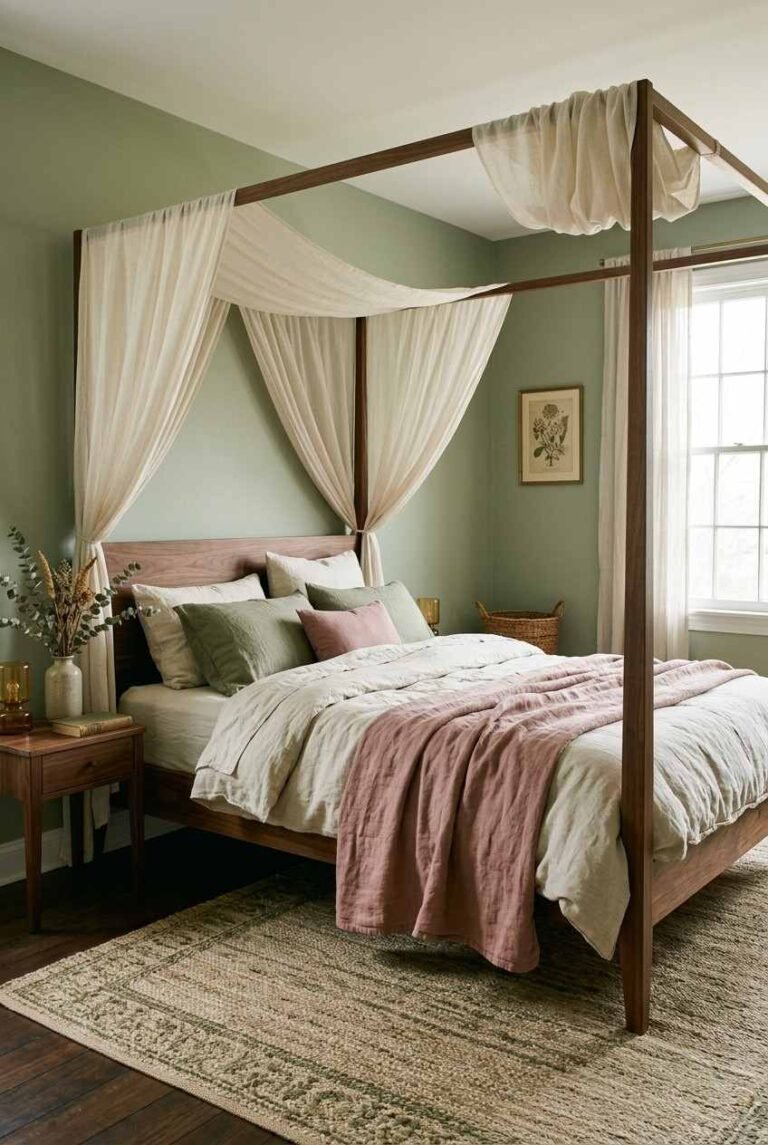 Sage green canopy bedroom ideas with cream drapes, walnut four-poster bed