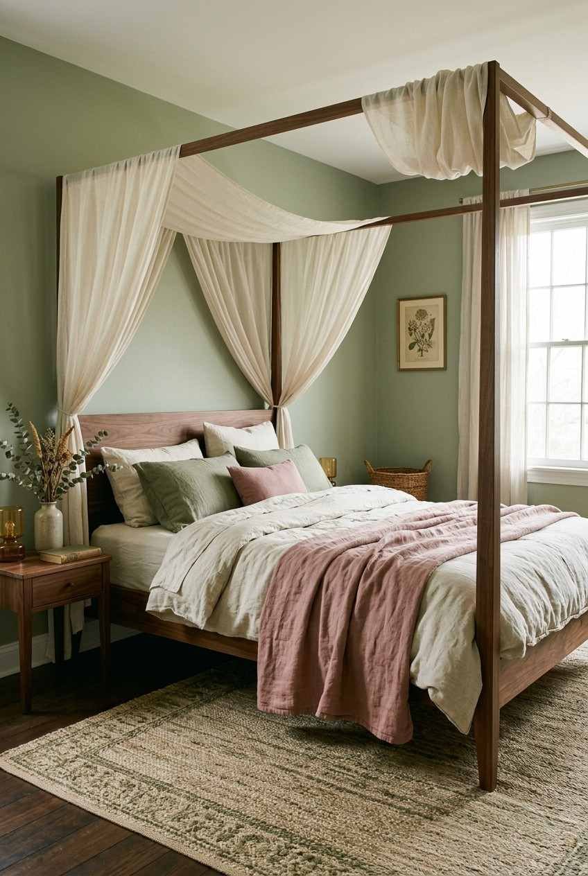 Sage green canopy bedroom ideas with cream drapes, walnut four-poster bed