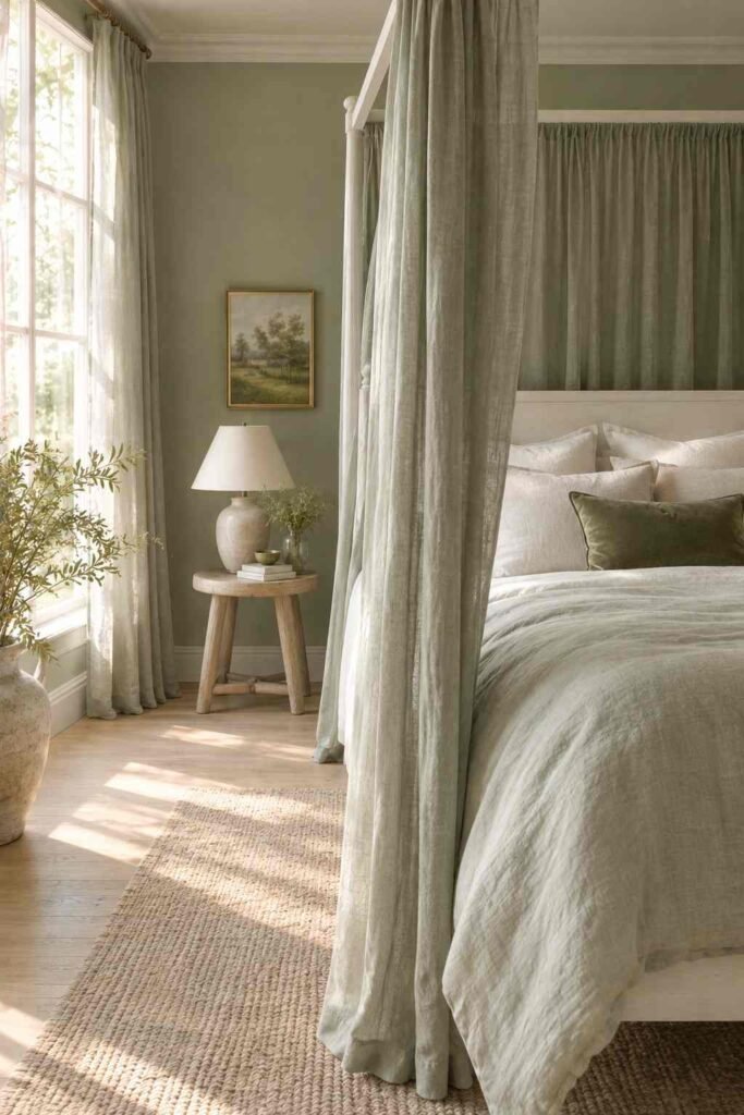 Sage green canopy bedroom with gauzy curtains, washed linen bedding, and a pale wood stool