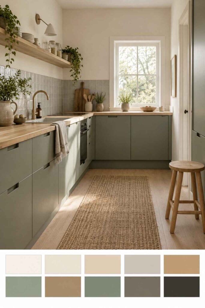 Sage green flat-panel kitchen with blonde wood counters and a ten-color swatch strip below.