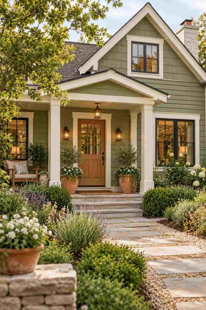House exterior with sage green siding, cream trim, and a natural wood door