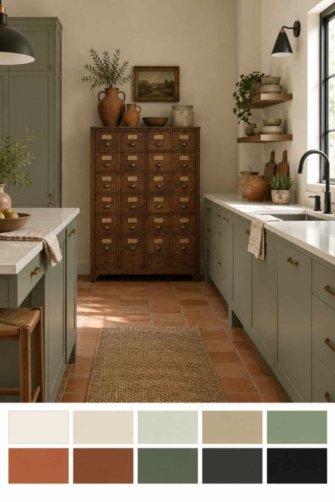 Sage green modern kitchen with antique apothecary cabinet and a color palette strip below