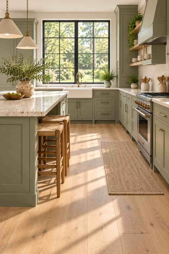 Sage green kitchen cabinets with white oak flooring and a garden view