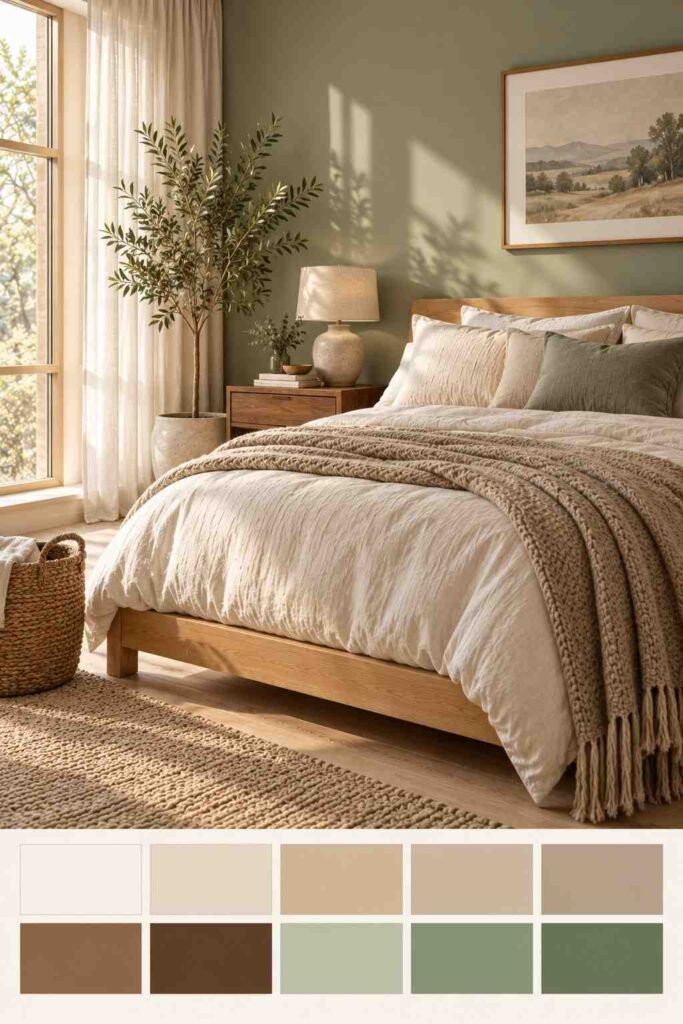 Nordic bedroom with a sage green wall, cream linen, and walnut furniture, with a color palette swatch strip showing the room’s colors