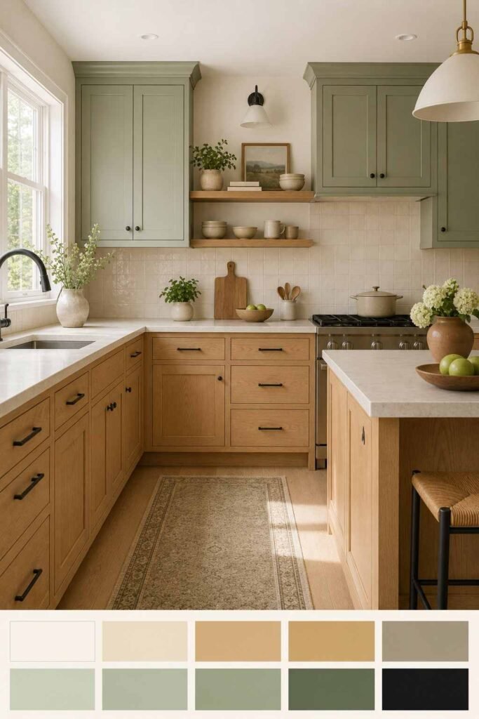 Sage green and light oak kitchen cabinets with a ten-swatch color palette strip at the bottom