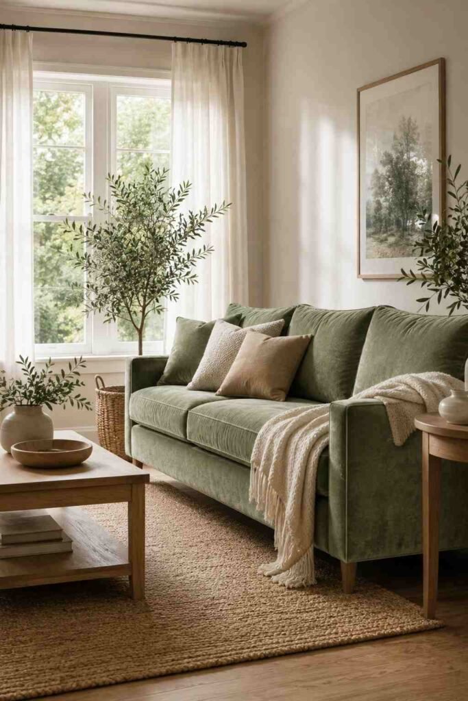 26 Glam Green Velvet Couch Living Room Design Ideas: Emerald, Sage and Olive 3 Sage green velvet sofa in a bright living room with linen curtains and a jute rug