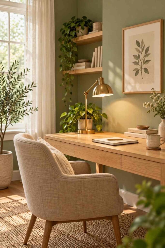 Sage green home office walls with light oak desk and brass lamp
