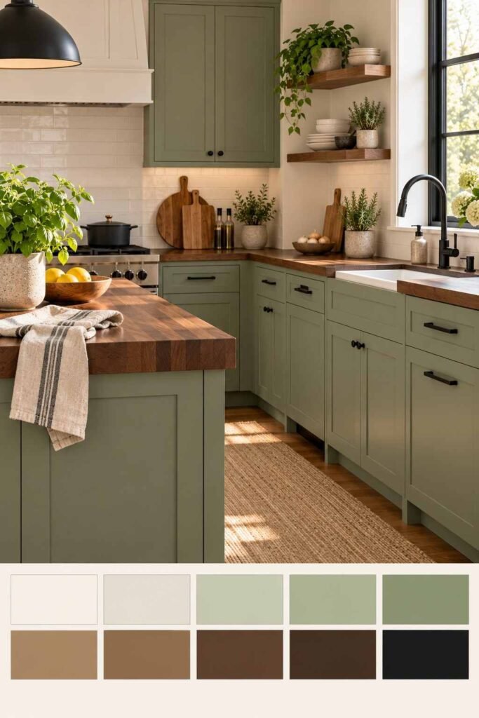Sage green kitchen cabinets with a walnut butcher block counter and black hardware, with a ten-swatch color strip below.