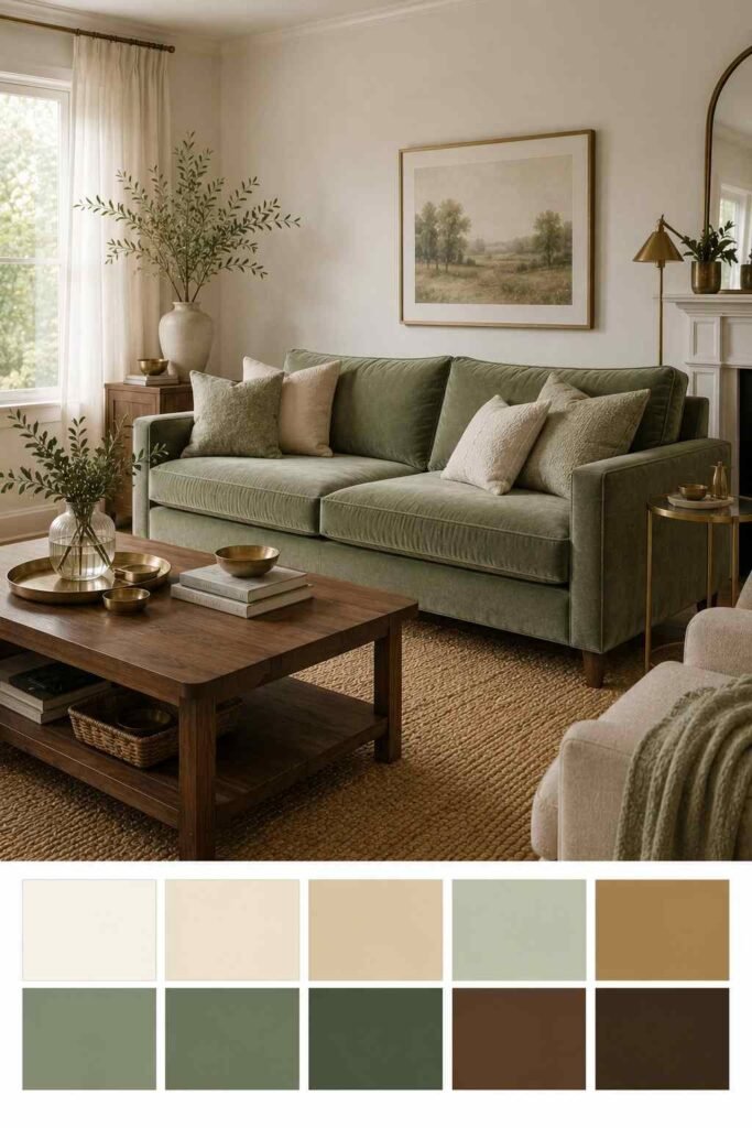 26 Glam Green Velvet Couch Living Room Design Ideas: Emerald, Sage and Olive 6 Sage velvet couch with cream walls and walnut table, with a ten-color palette strip below