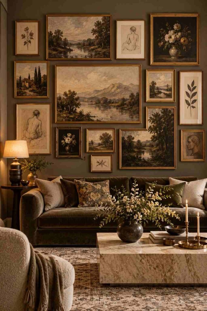 30 Luxury Wall Decor Ideas for Living Room Walls: Art, Texture, Mirrors & Lighting 4 Salon-style gallery wall of artworks in aged brass frames over a velvet sofa.