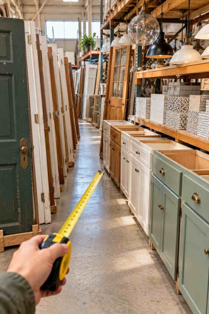 Secondhand doors, cabinets and light fixtures in a home improvement salvage store.