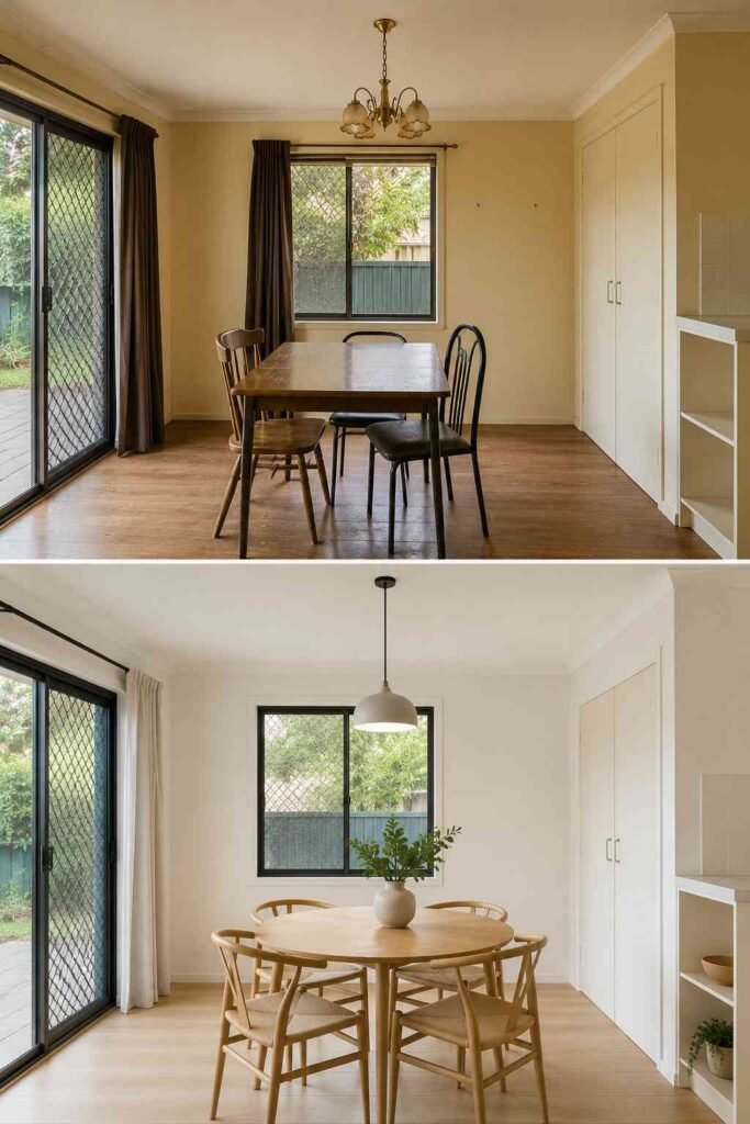 Home Remodeling Before and After: 28 Room-by-Room Transformations 2 Dining nook before and after a remodel that changes surfaces and lighting but keeps the same footprint.