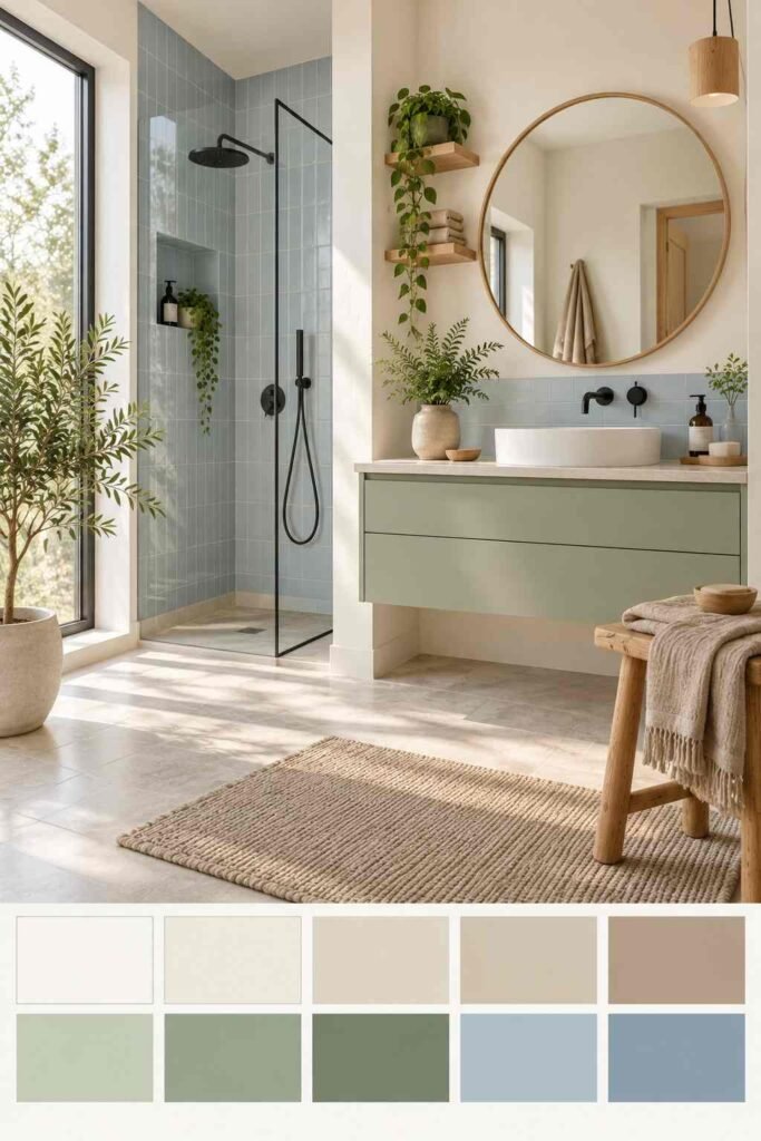 Soft Nordic spa bathroom in cream, sage green and dusty blue, with a ten-color swatch strip along the bottom