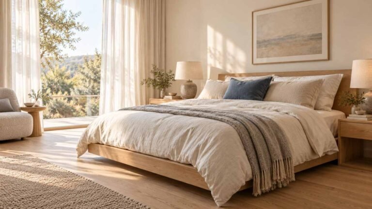 Scandinavian bedroom interior design ideas shown in a warm white room with a blonde wood bed and linen bedding,