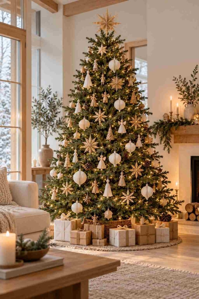 Scandinavian Christmas tree with straw stars and wooden ornaments.