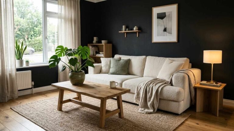 Scandinavian dark interior design ideas shown in a charcoal living room with oak table, cream sofa