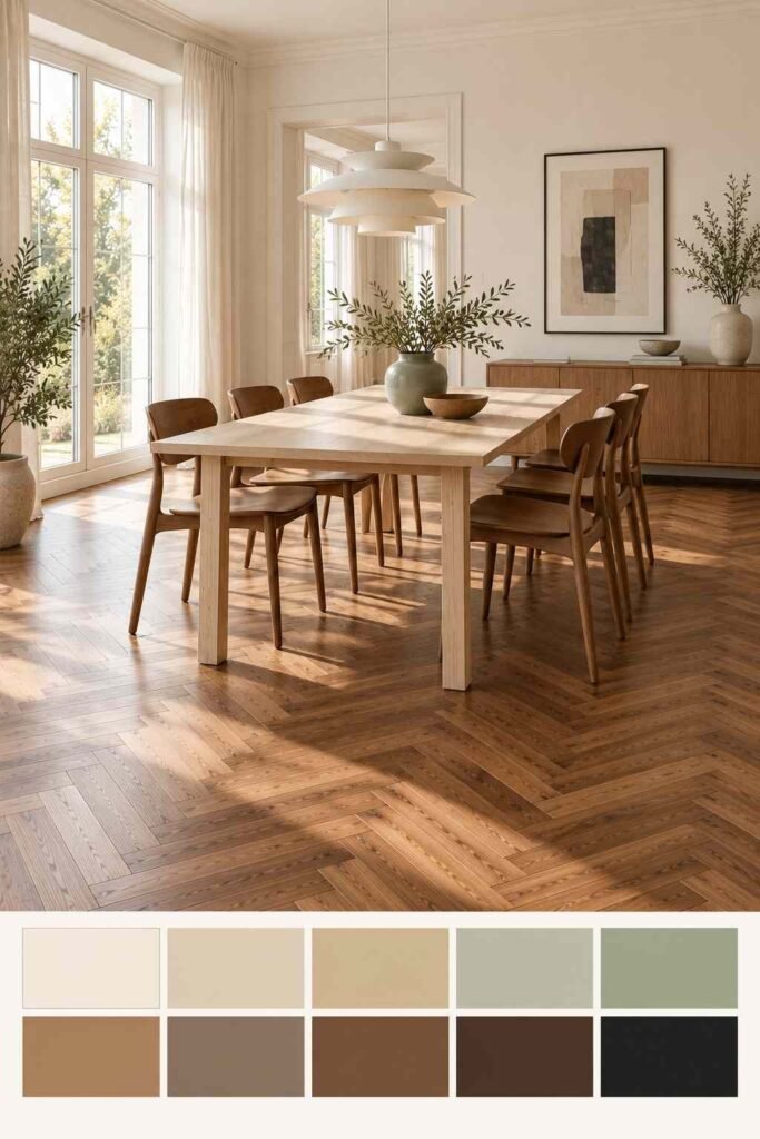 30 Scandinavian Interior Design Ideas with Wood Block Flooring for a Warm, Light-Filled Home 9 Dining room with walnut wood block flooring and sage accents, with a 10-color swatch strip below