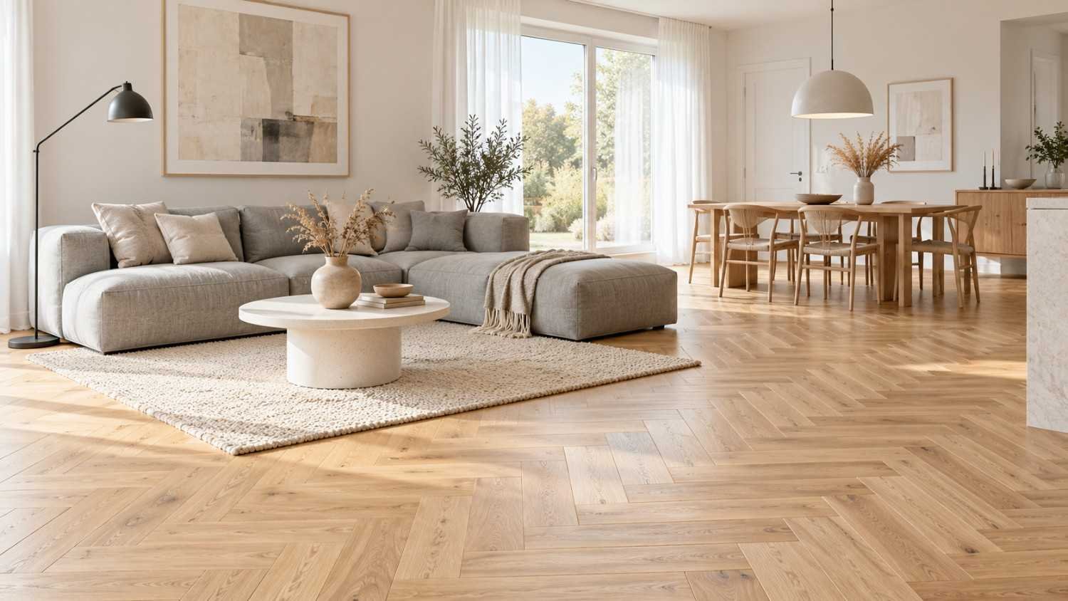 Scandinavian living room with herringbone oak wood block flooring