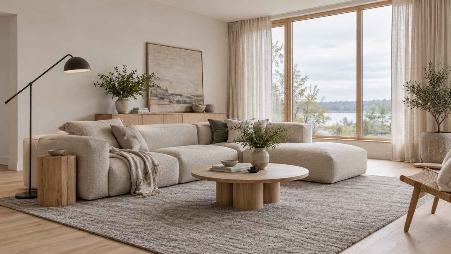 Bright Scandinavian living room with warm white walls, oak floor, and charcoal accents