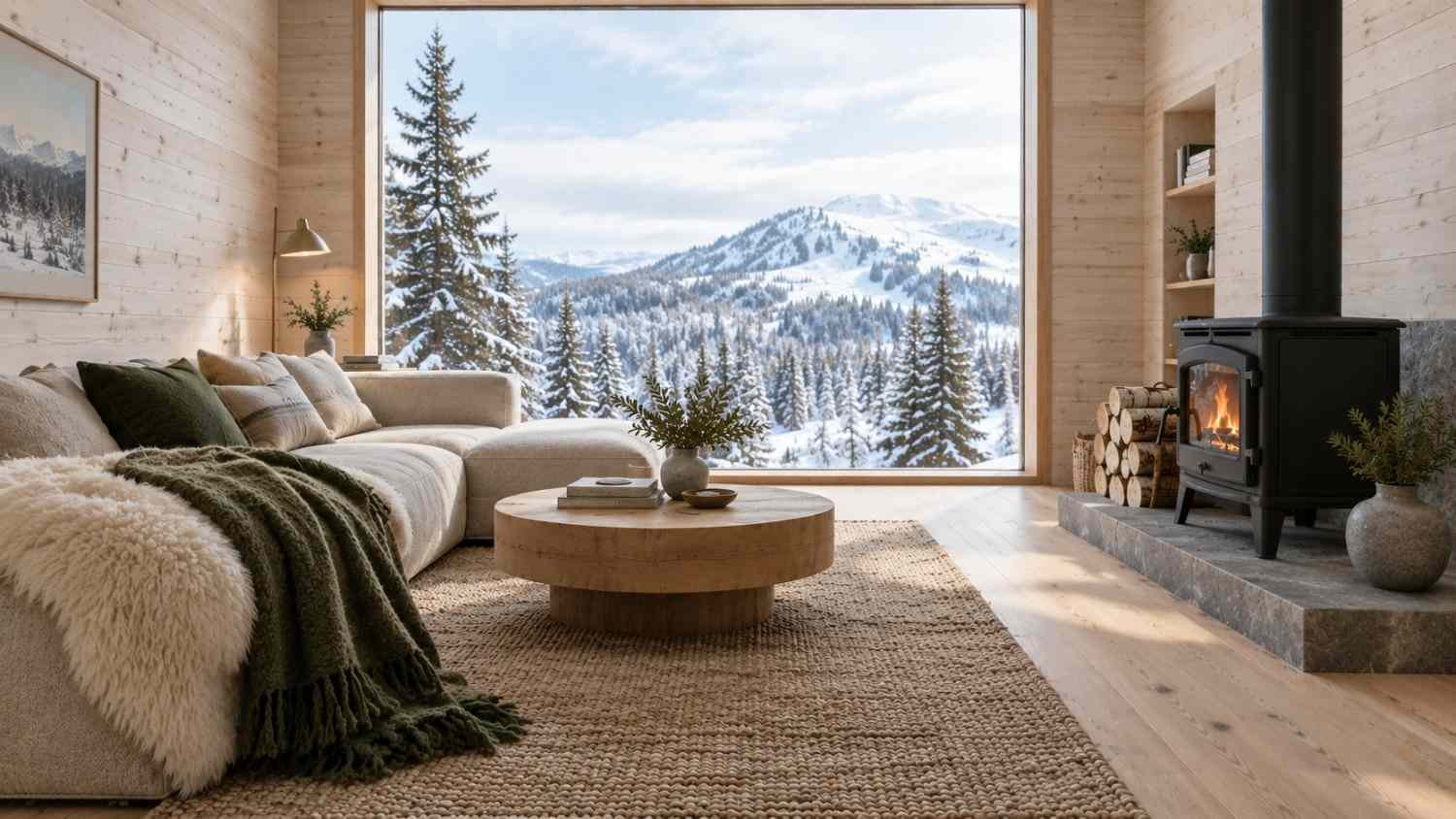Scandinavian mountain interior design, living room with wood stove and pale pine walls